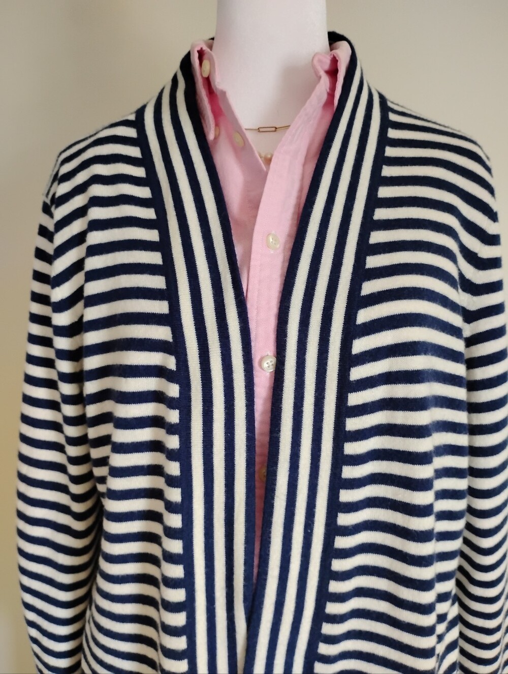 Talbots Lambswool Blend Striped Open Cardigan Sweater Blue White Classic Size LP